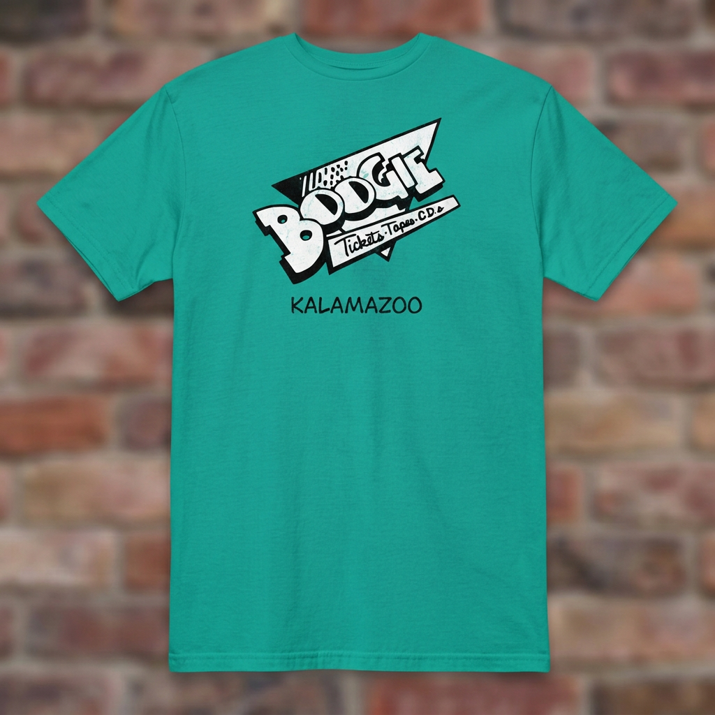 Boogie Records Jade Dome T-shirt flat lay on brick background