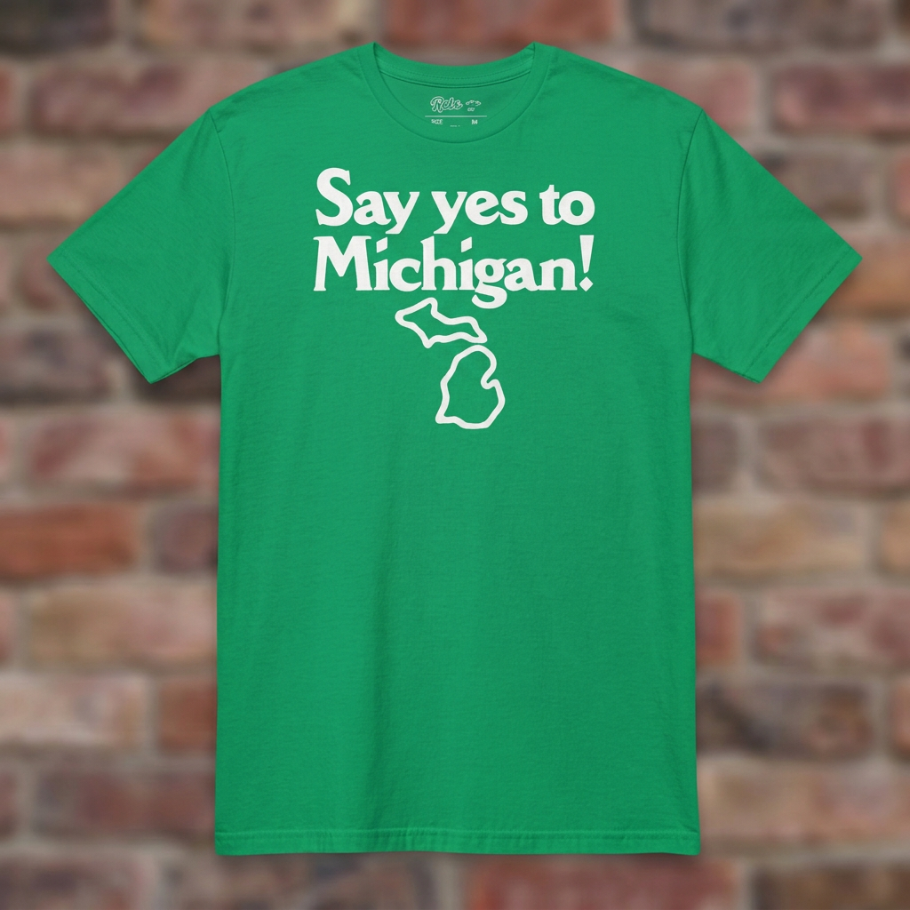 Say yes to Michigan Irish Green T-shirt flat lay on brick background