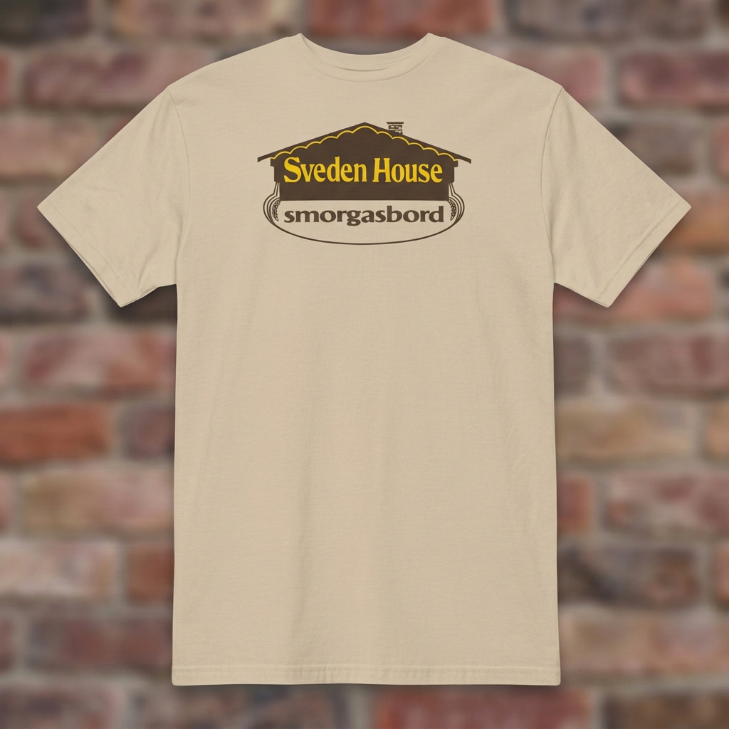 Sveden House Logo Sand T-shirt flat lay on brick background