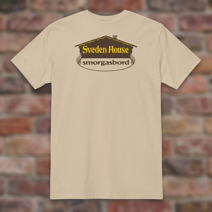 Sveden House Logo Sand T-shirt flat lay on brick background