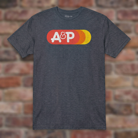A&P Heather Navy T-shirt flat lay on brick background