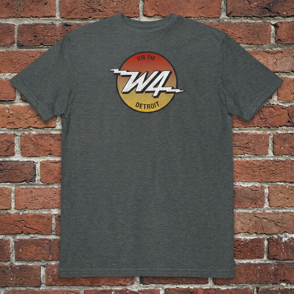 W4 Rocks Dark Heather T-shirt flat lay on brick background