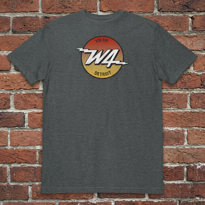 W4 Rocks Dark Heather T-shirt flat lay on brick background