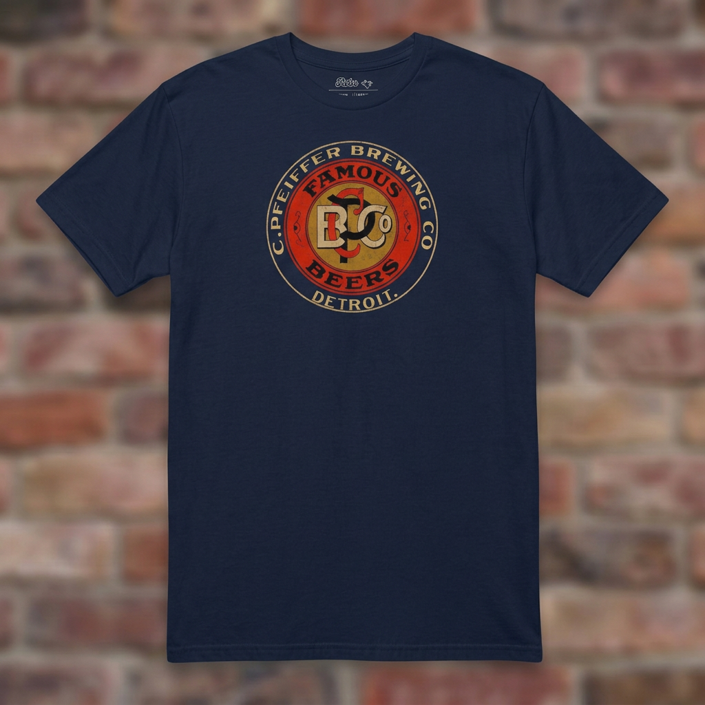 Pfeiffer Brewing Co. Detroit Navy T-shirt flat lay on brick background