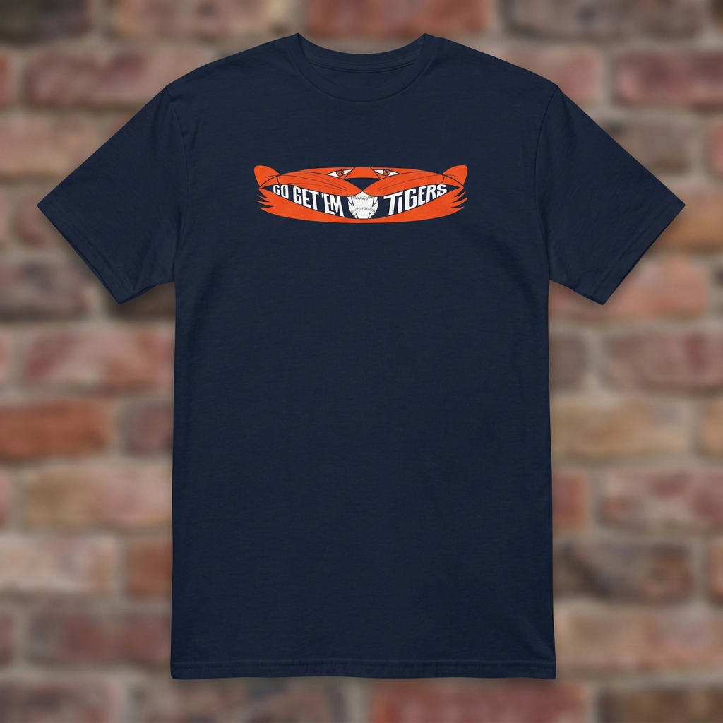 Go Get 'Em Tigers Navy T-shirt flat lay on brick background