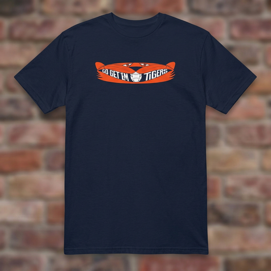 Go Get 'Em Tigers Navy T-shirt flat lay on brick background