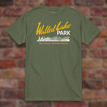 Walled Lake Park Military Green T-shirt flat lay on brick background