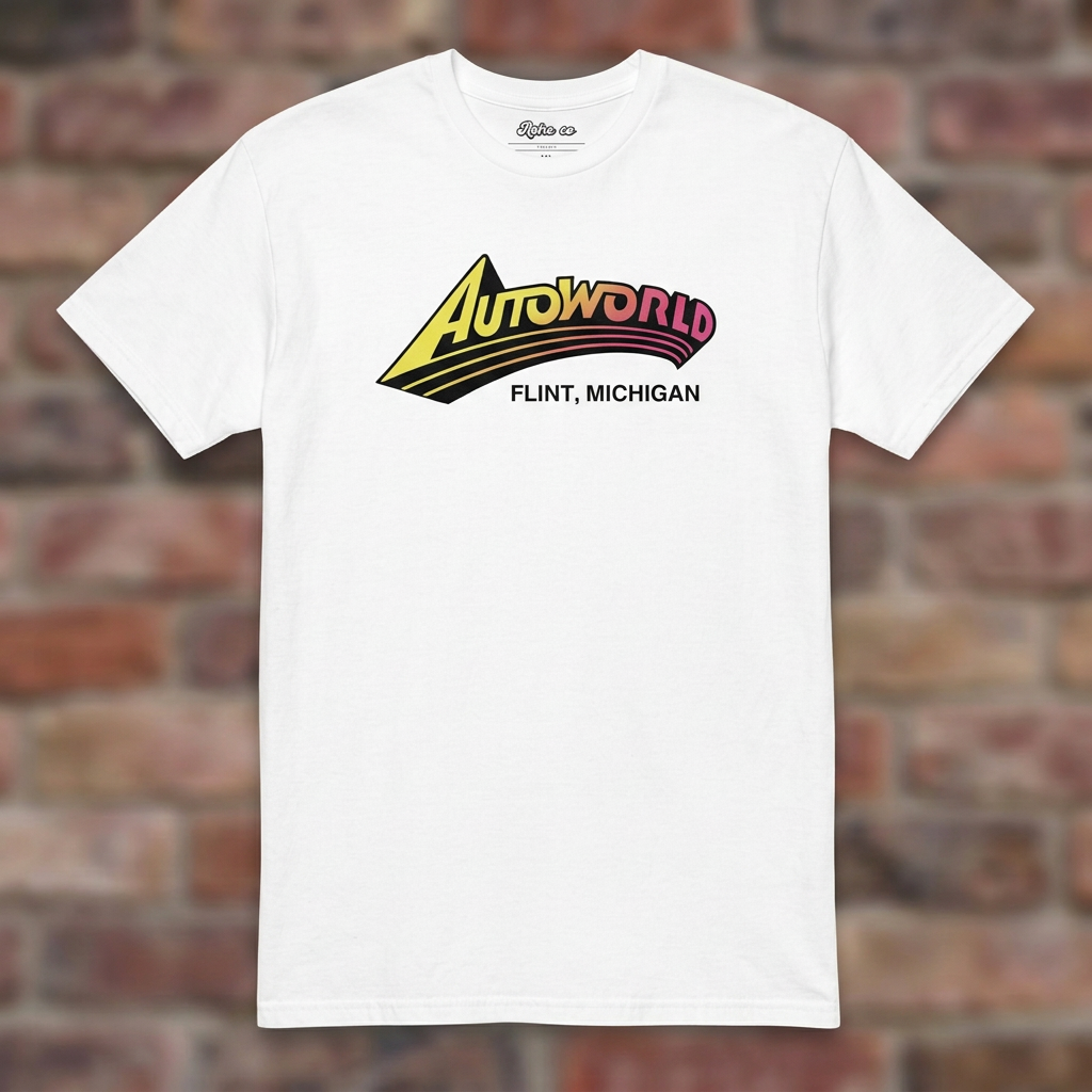 Autoworld White T-shirt flat lay on brick background