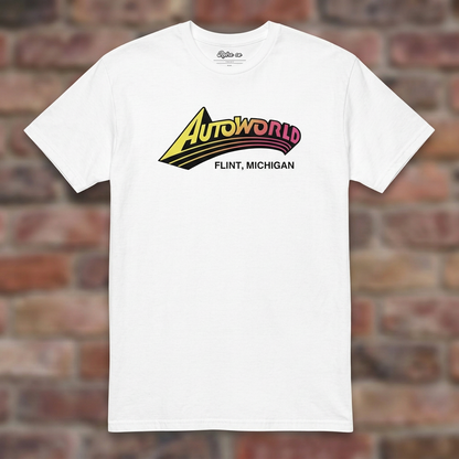 Autoworld White T-shirt flat lay on brick background