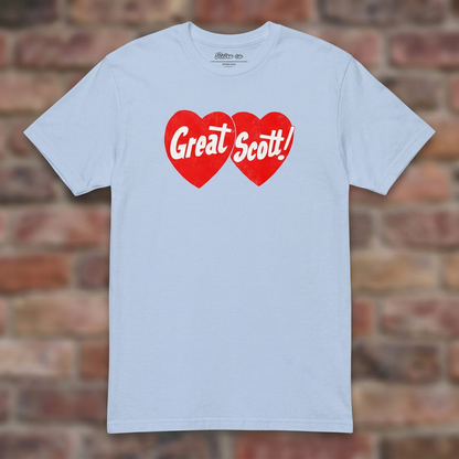Great Scott Light Blue T-shirt flat lay on brick background