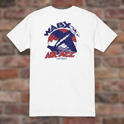 WABX Air Ace White T-shirt flat lay on brick background
