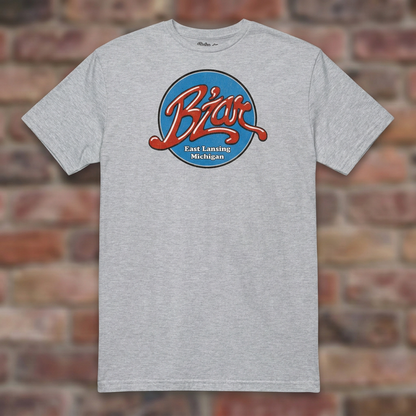 B'Zar Nightclub Sport Grey T-shirt flat lay on brick background