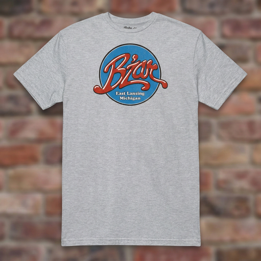 B'Zar Nightclub Sport Grey T-shirt flat lay on brick background