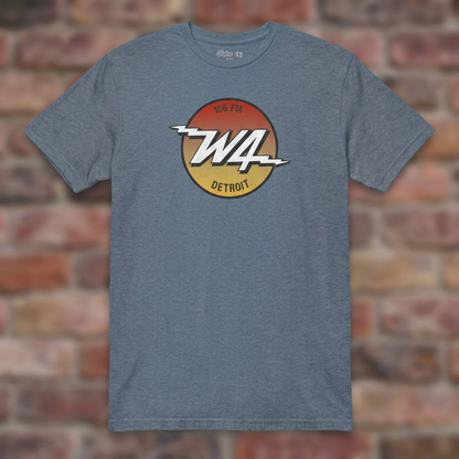 W4 Rocks Heather Indigo T-shirt flat lay on brick background