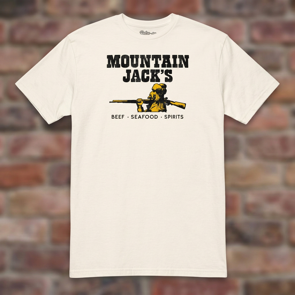 Mountain Jack's Natural T-shirt flat lay on brick background