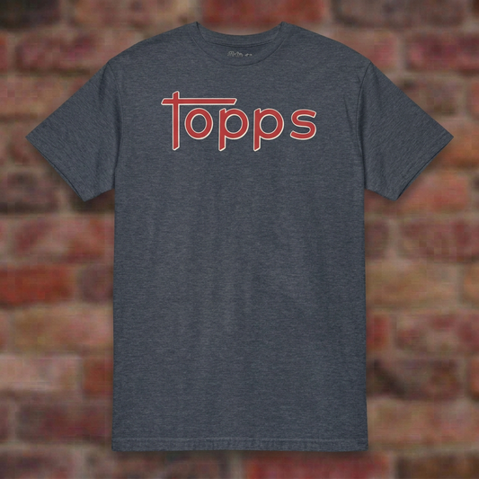 Topps Heather Navy T-shirt flat lay on brick background