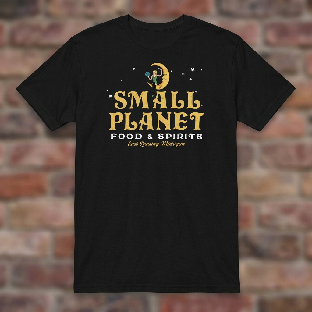 Small Planet East Lansing T-shirt in Black on weathered brick background