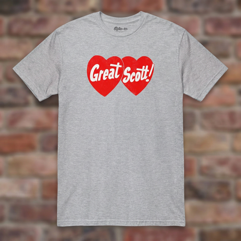 Great Scott Sport Grey T-shirt flat lay on brick background