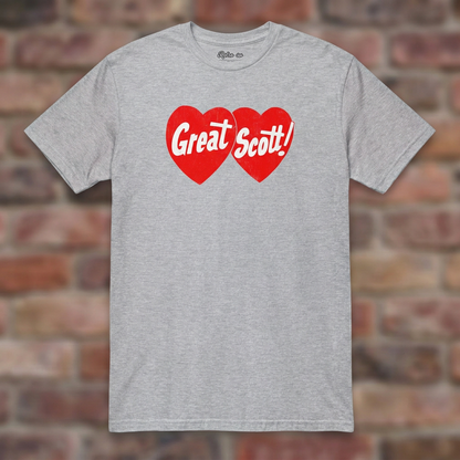 Great Scott Sport Grey T-shirt flat lay on brick background