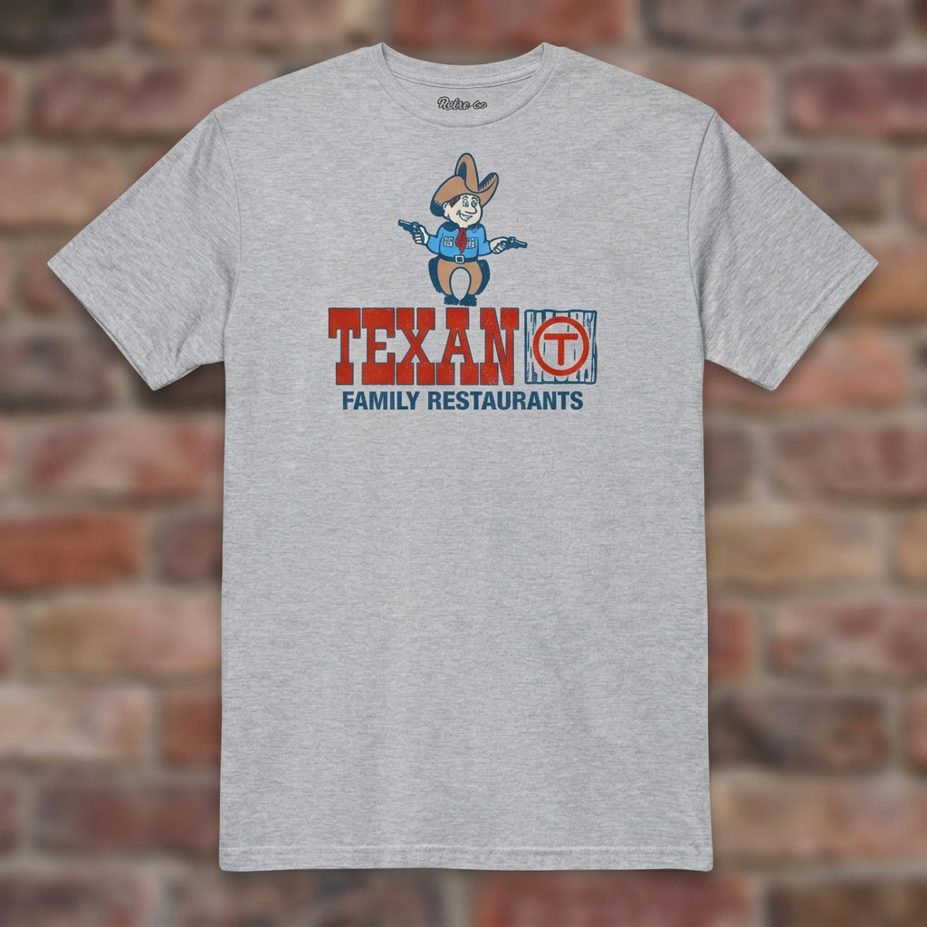 Sport Grey Texan Family Restaurant T-shirt flat lay on warm brick