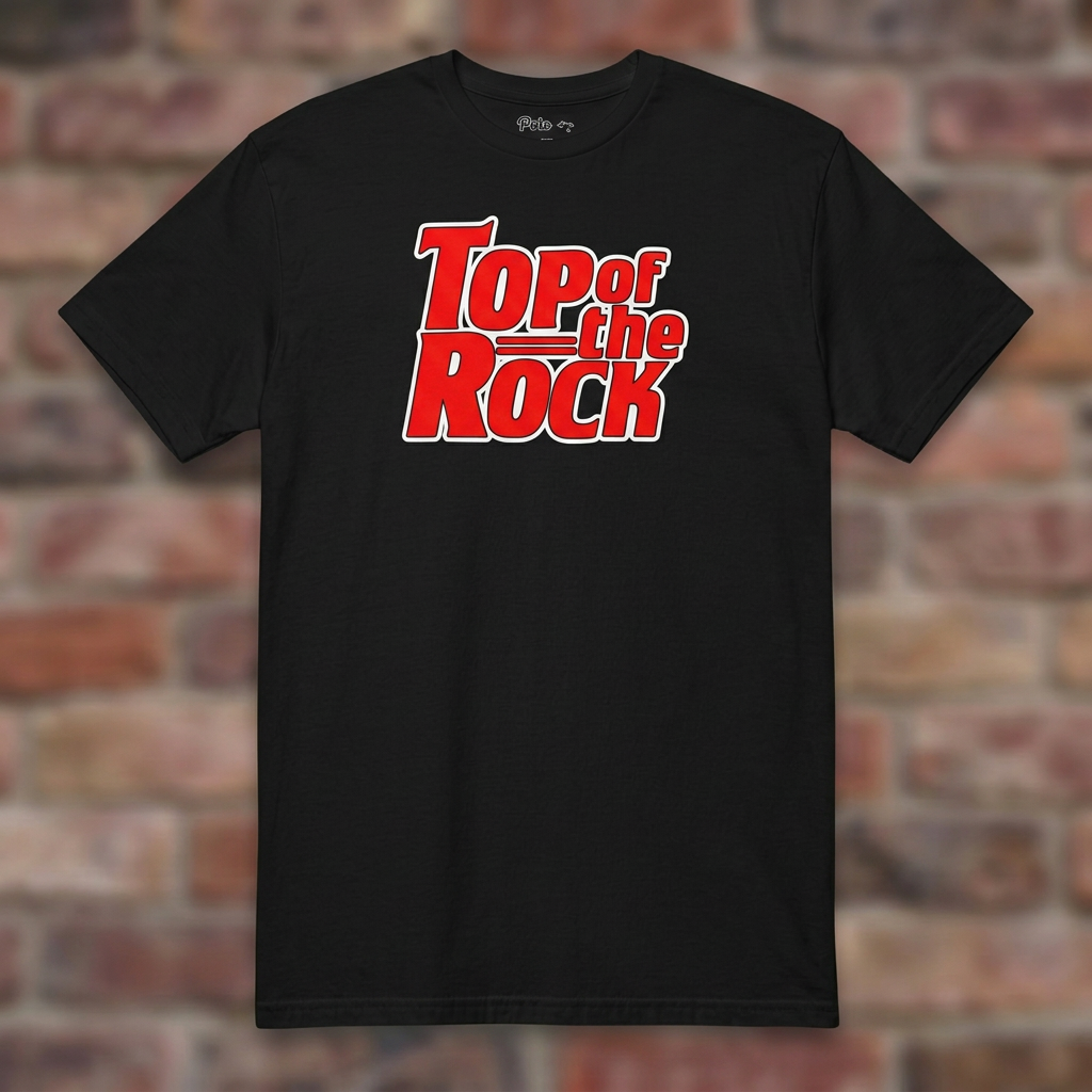 Top of the Rock Black T-shirt flat lay on brick background