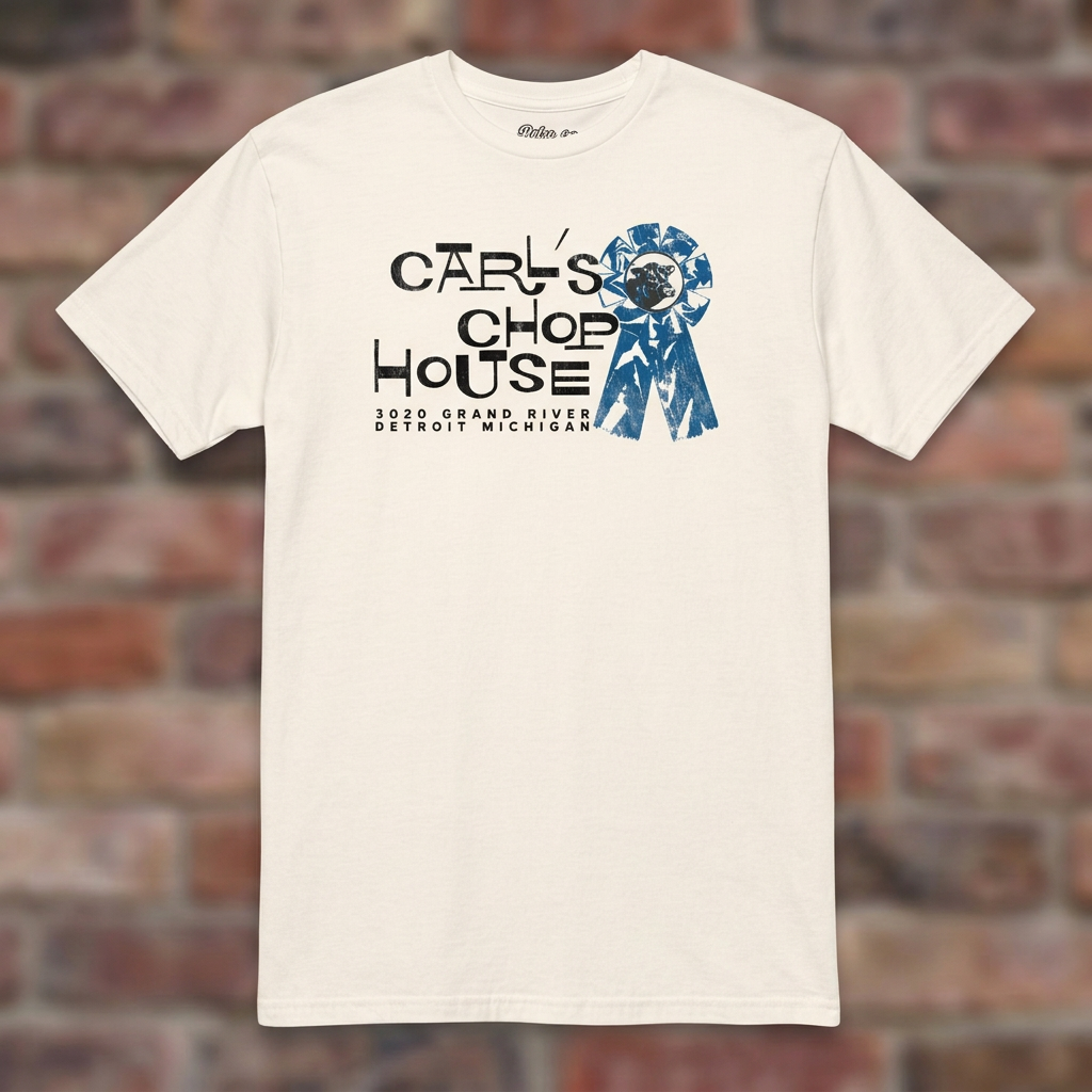 Carl's Chop House Natural T-shirt flat lay on brick background