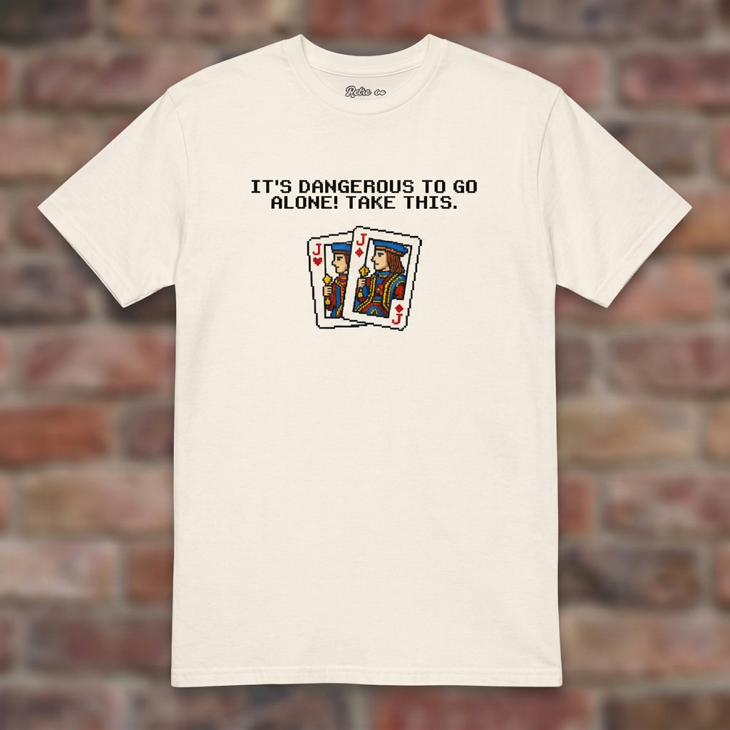 Euchre 16 Bit Natural T-shirt flat lay on brick background