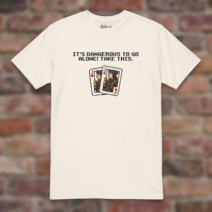 Euchre 16 Bit Natural T-shirt flat lay on brick background