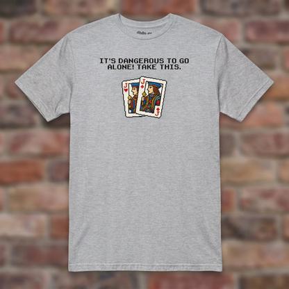 Euchre 16 Bit Sport Grey T-shirt flat lay on brick background