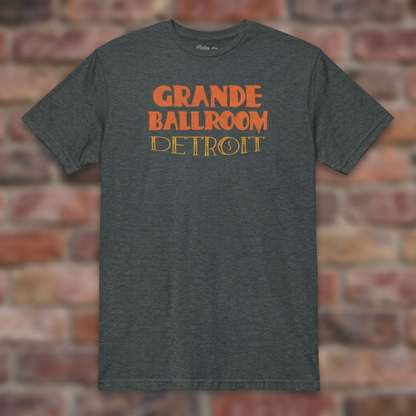Grande Ballroom Detroit Dark Heather T-shirt flat lay on brick background