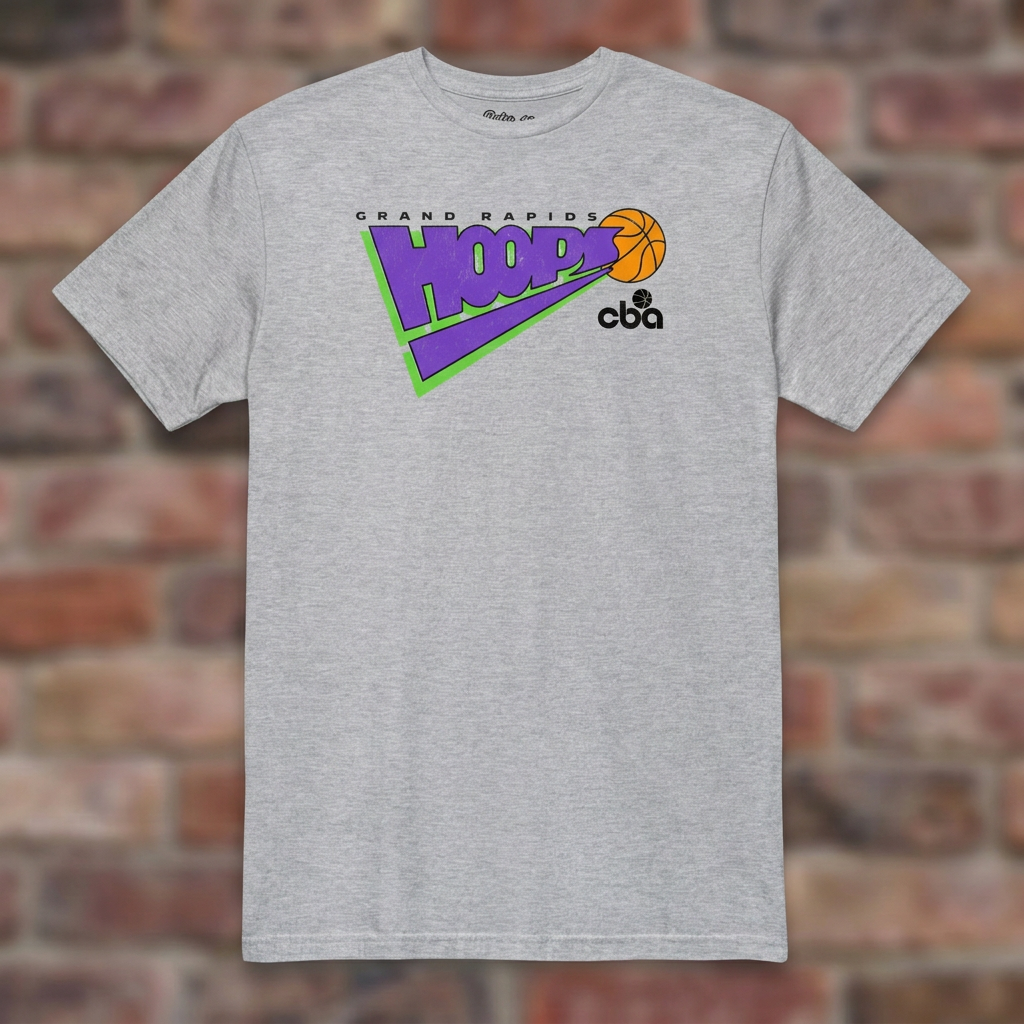 Grand Rapids Hoops Basketball Sport Grey T-shirt flat lay on brick background