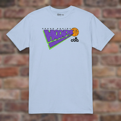 Grand Rapids Hoops Basketball Light Blue T-shirt flat lay on brick background