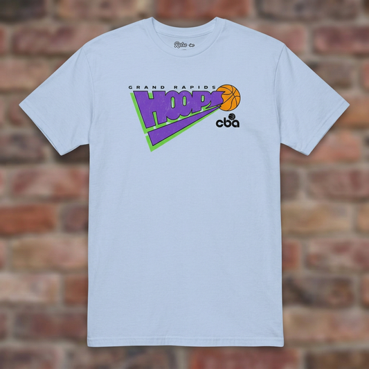 Grand Rapids Hoops Basketball Light Blue T-shirt flat lay on brick background