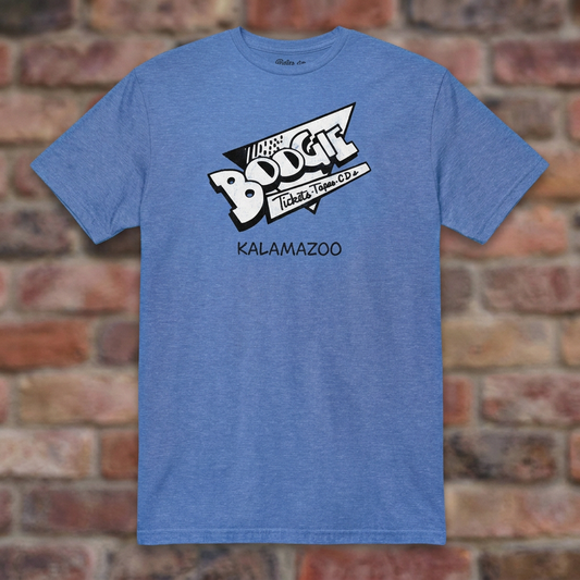 Boogie Records Heather Royal T-shirt flat lay on brick background
