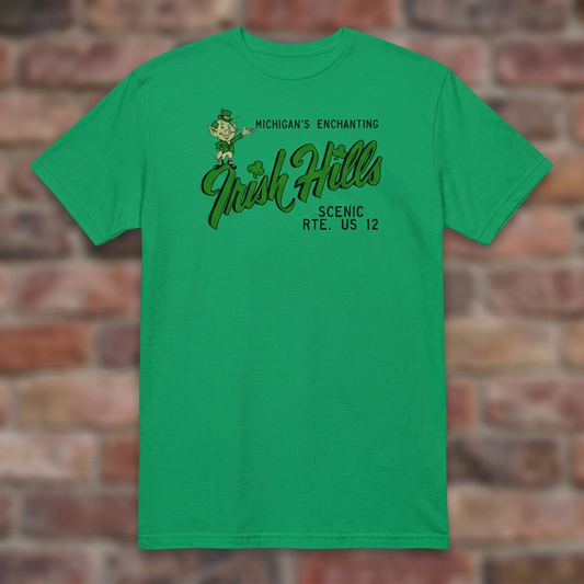 Irish Hills Michigan Irish Green T-shirt flat lay on brick background
