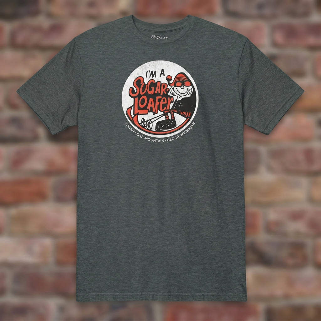 I'm a Sugar Loafer T-shirt in Dark Heather, flat lay on warm brick background