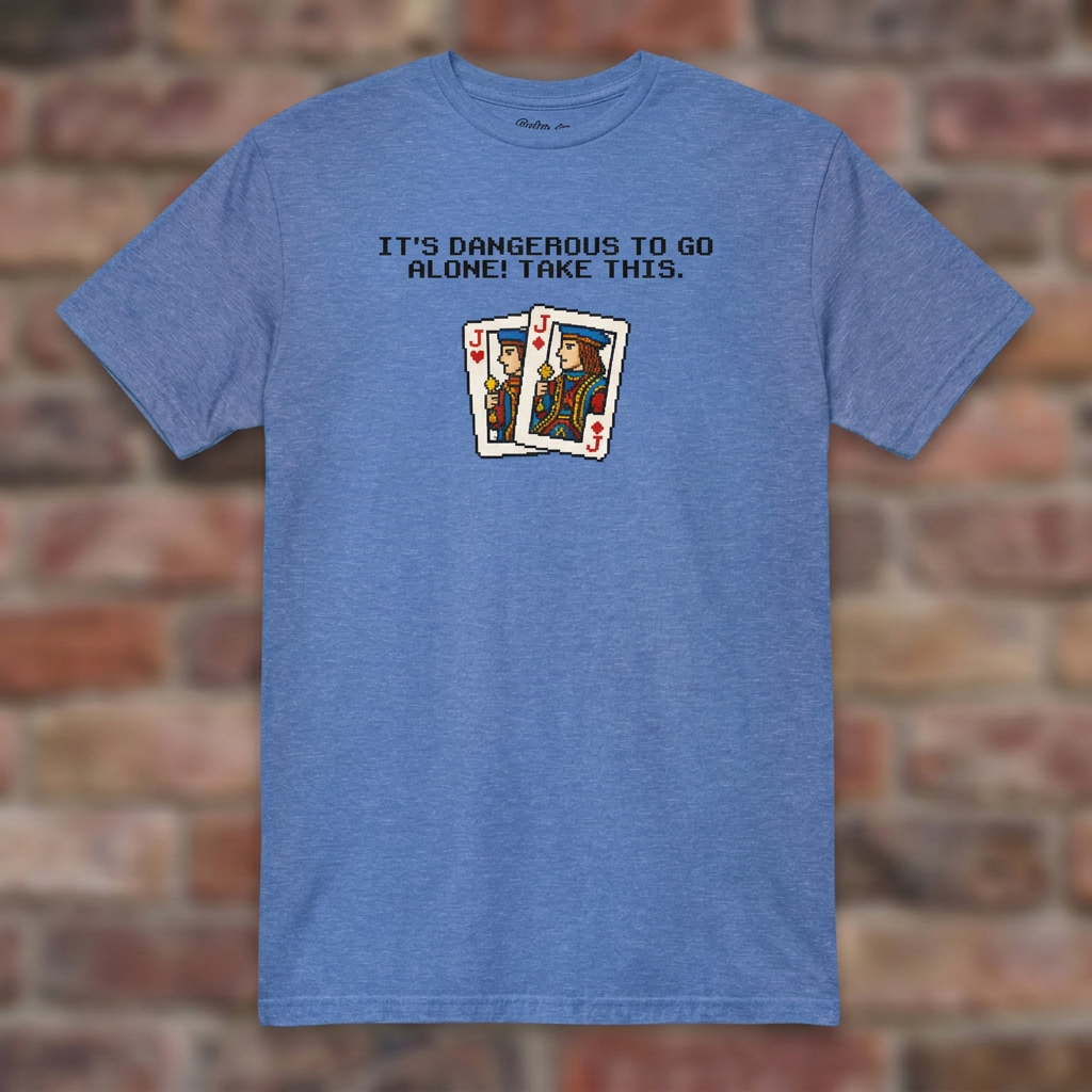 Euchre 16 Bit Heather Royal T-shirt flat lay on brick background