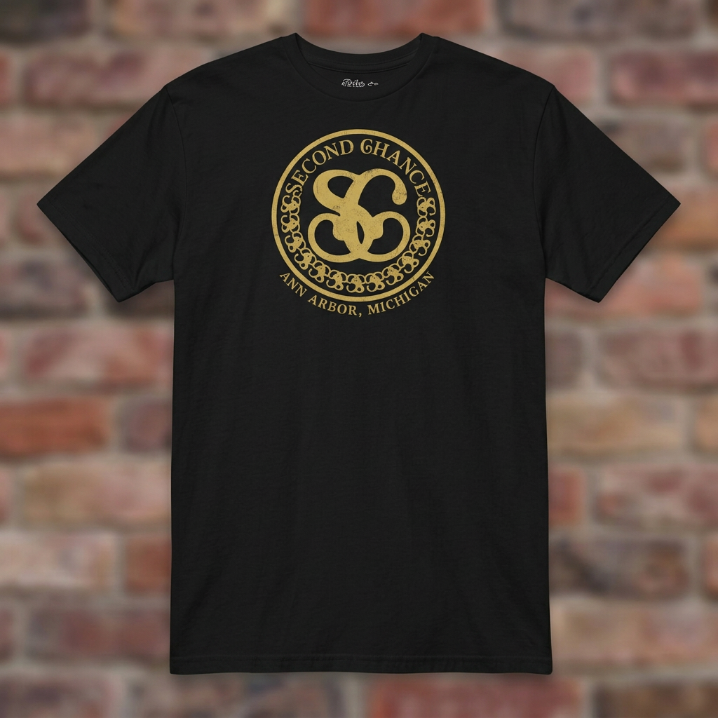Second Chance Black T-shirt flat lay on brick background
