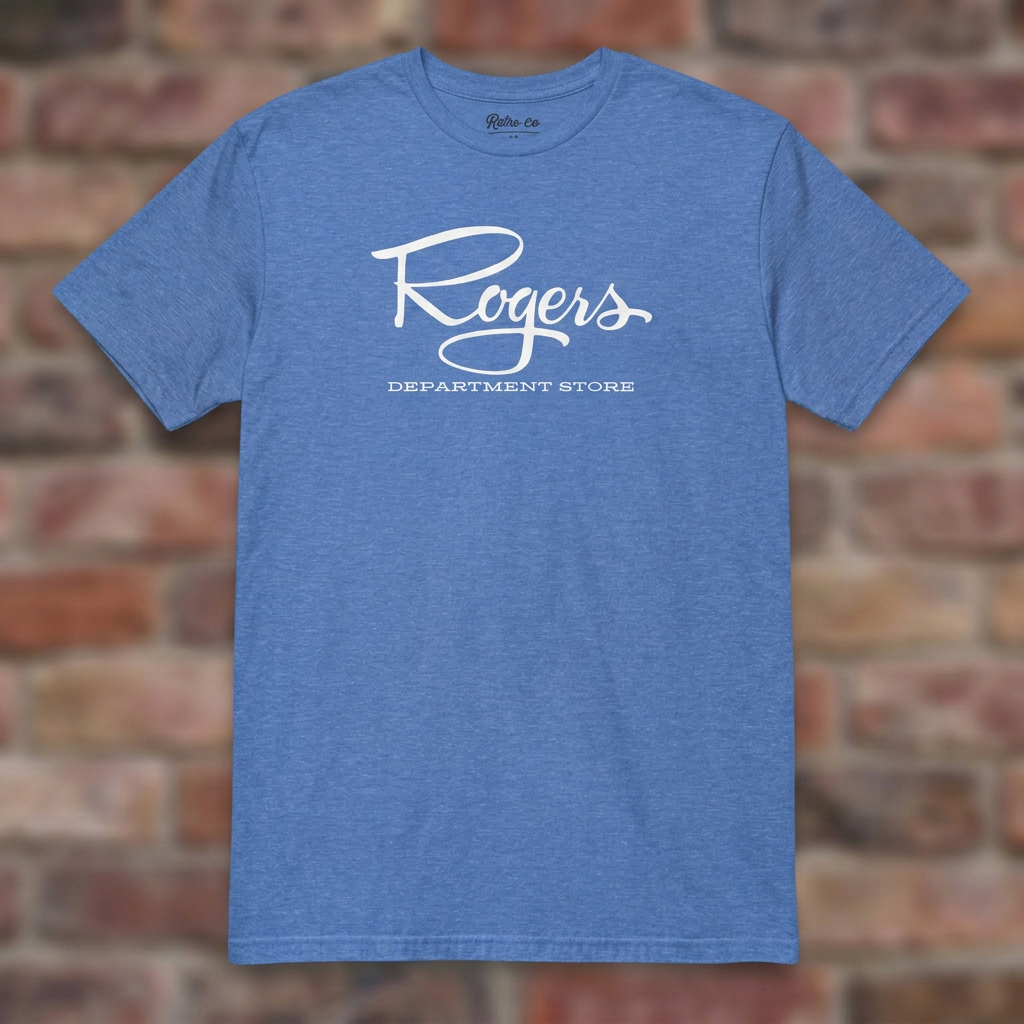 Roger's Department Store T-shirt in Heather Royal, flat lay on warm brick background