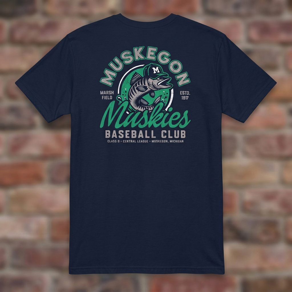 Muskegon Muskies Navy T-shirt flat lay on brick background