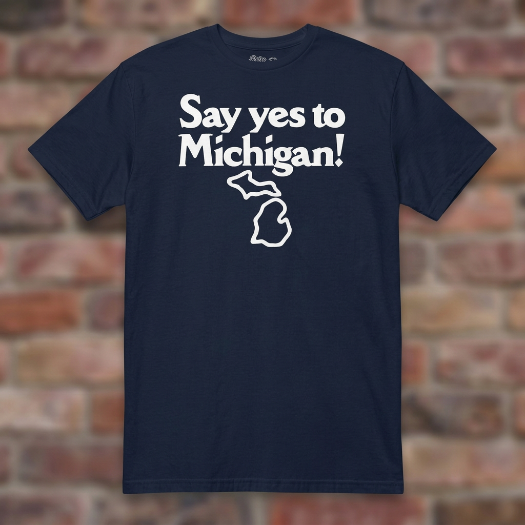 Say yes to Michigan Navy T-shirt flat lay on brick background