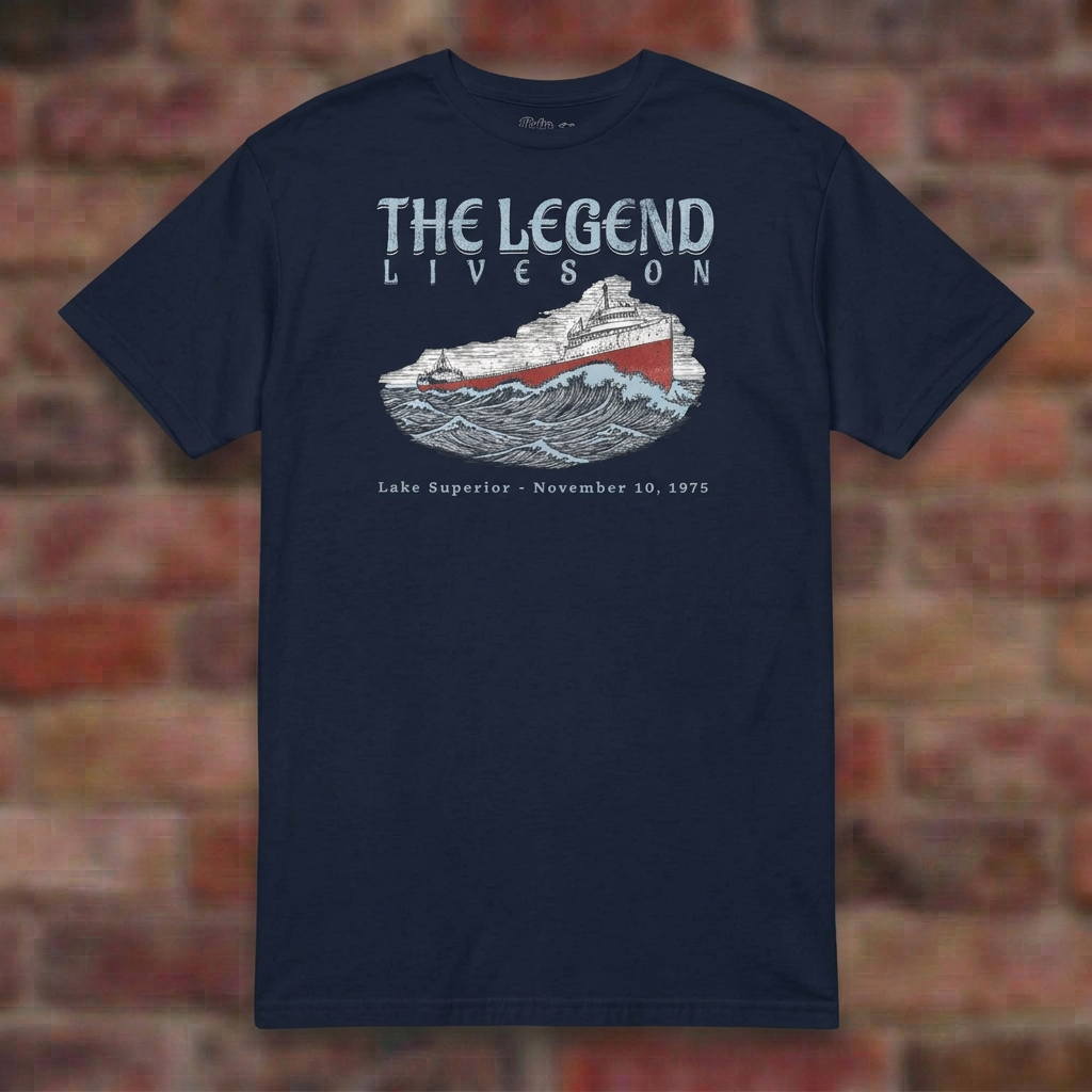 Navy Edmund Fitzgerald T-shirt flat lay on brick background, November 10, 1975