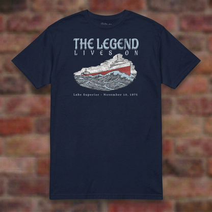 Navy Edmund Fitzgerald T-shirt flat lay on brick background, November 10, 1975