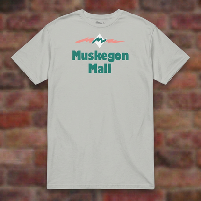 Muskegon Mall Ice Grey T-shirt flat lay on brick background