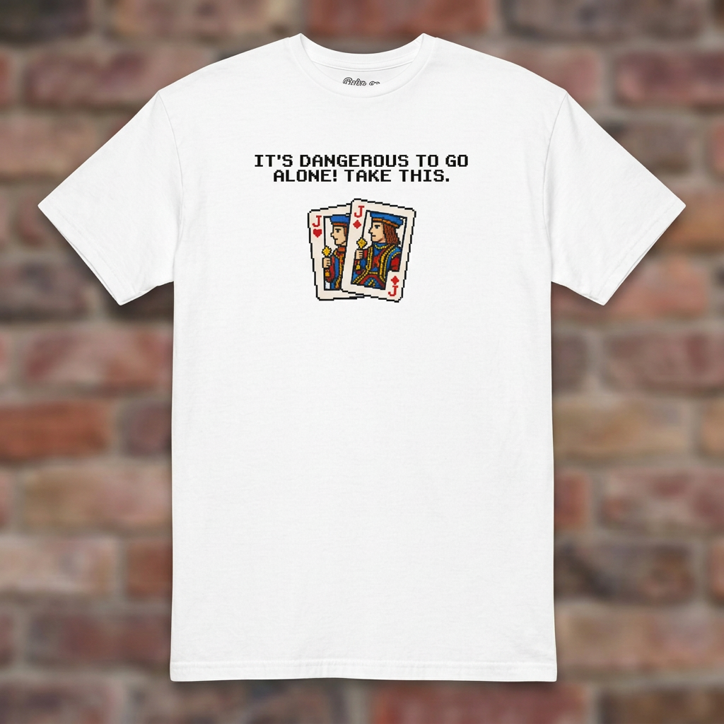 Euchre 16 Bit White T-shirt flat lay on brick background