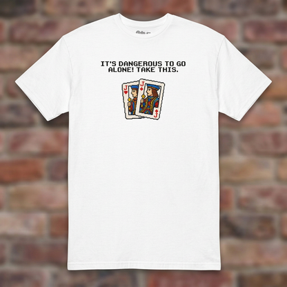 Euchre 16 Bit White T-shirt flat lay on brick background