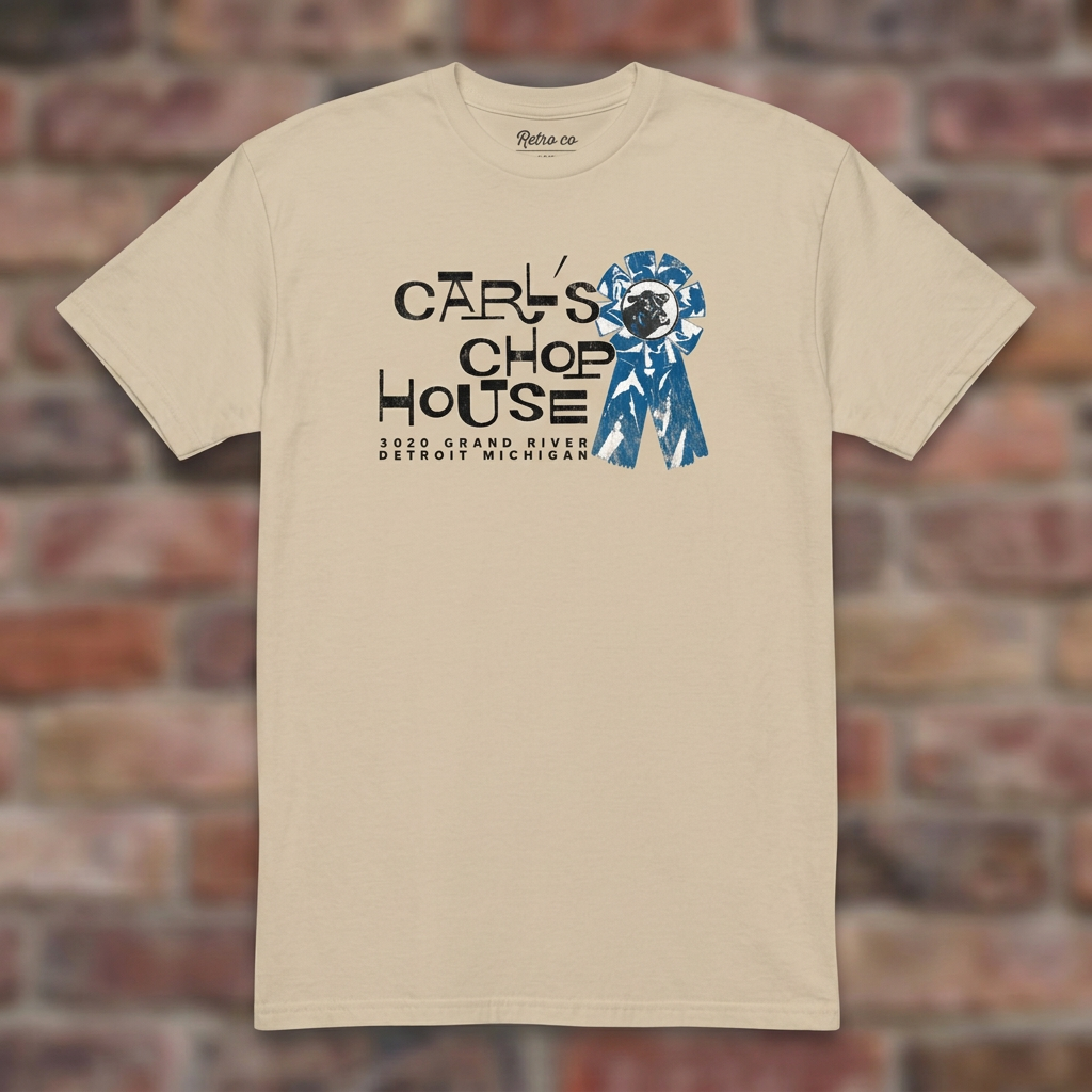 Carl's Chop House Sand T-shirt flat lay on brick background