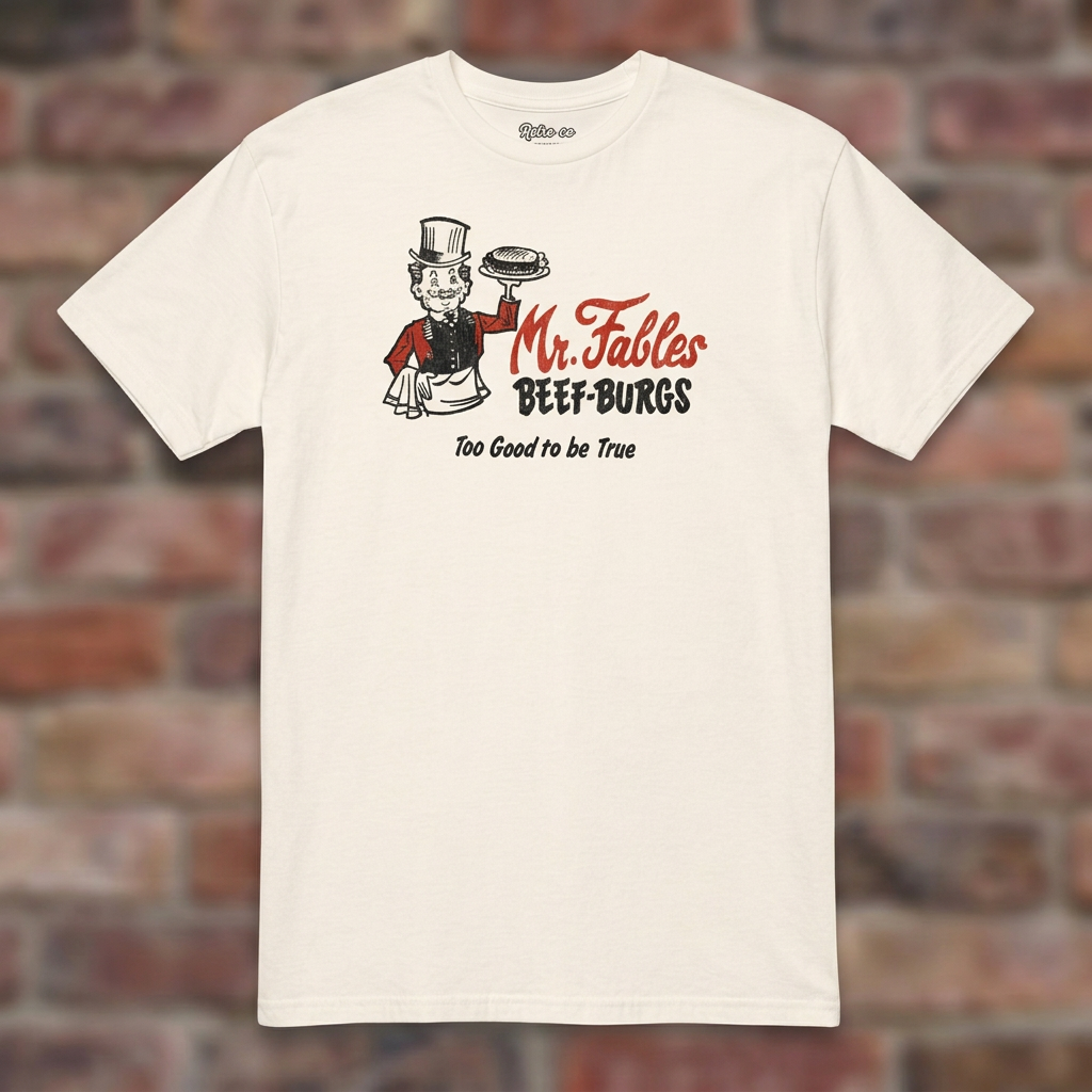 Natural Mr. Fables T-shirt flat lay on warm brick