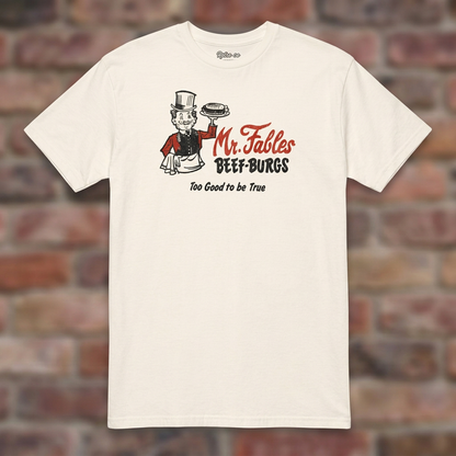 Natural Mr. Fables T-shirt flat lay on warm brick