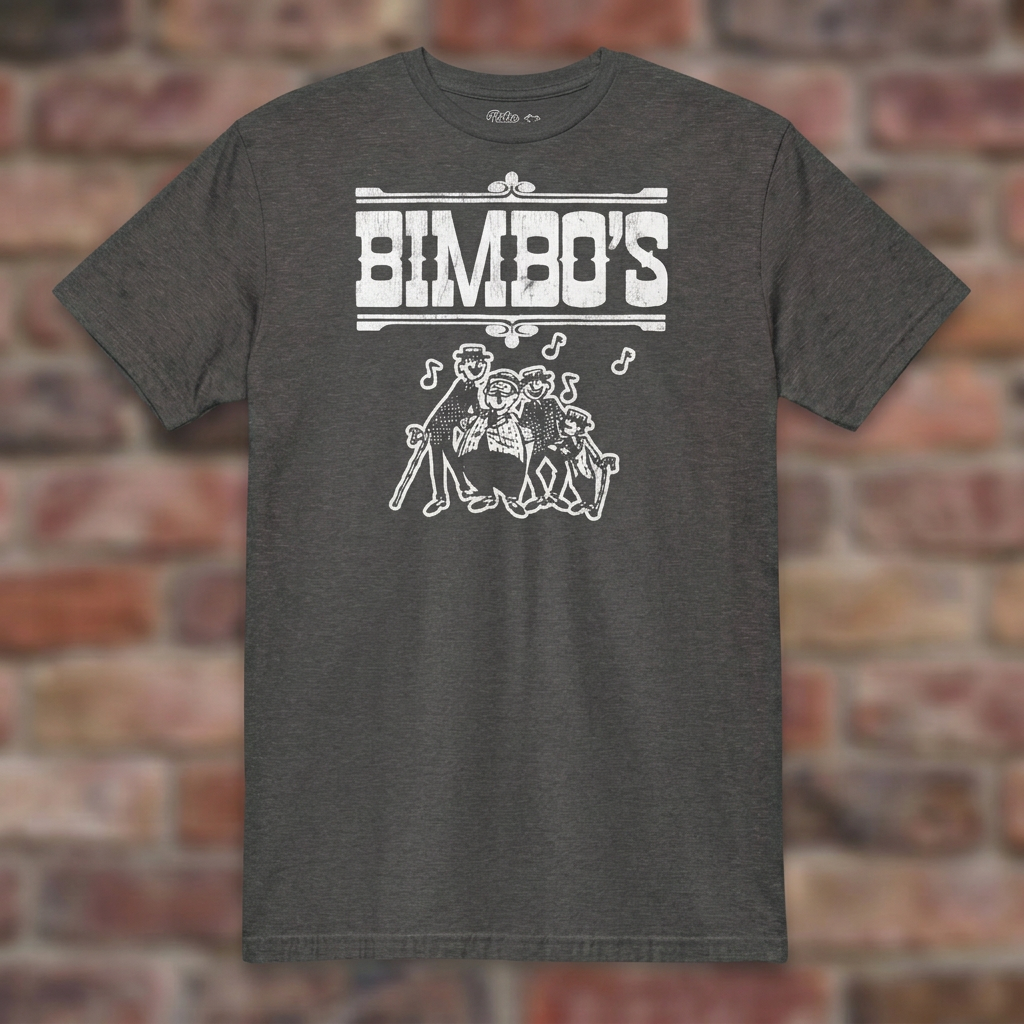 Bimbo’s Ann Arbor Dark Heather Grey T-shirt flat lay on brick background